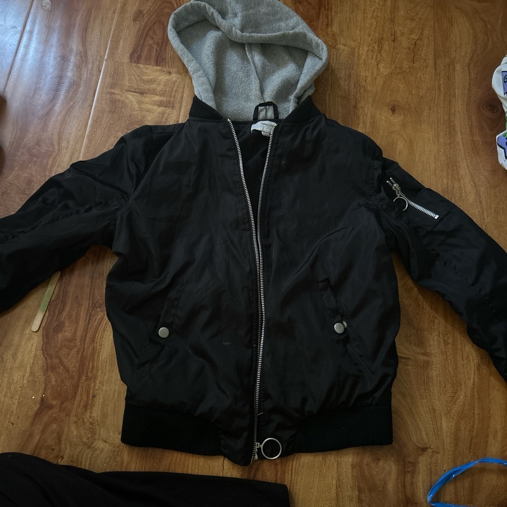 Black Bomber Jacket with Gray Hood